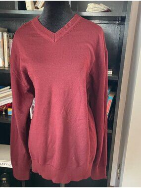 Vintage Nautica Sweater XXL Burgundy V Neck Knit Merino Wool Preppy Classic
